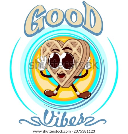 logo emblem vector mascot character of a waffle cake in the shape of a heart relaxing on a circle with the words good vibes