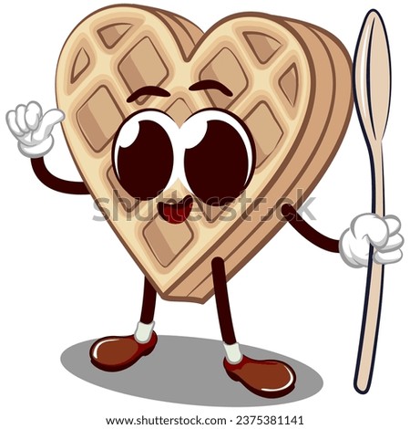 vector mascot character of a heart-shaped waffle cake carrying a spoon and giving a thumbs up