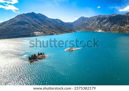 Boka Kotorska bay scenic islets aerial view, archipelago of Montenegro Royalty-Free Stock Photo #2375382179