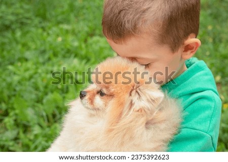 A close-up portrait of a boy against a green background who is tenderly hugging a Spitz puppy on the street. birthday gift. taking care of pets. happy children. friendship between man and animal.
