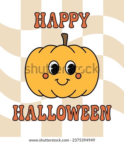 Vector retro groovy cartoon pumpkin and Halloween lettering isolated on chessboard background
