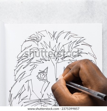 Top view of Completed dot to dot drawing of a lion, Flatlay of a connect the dots exercise for mental health