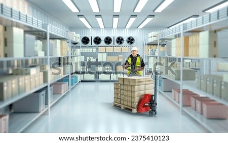 Worker man in industrial freezer. Refrigerator compartment with pallet jack inside. Industrial freezer with racks and boxes. Frozen food storage area. Man wearing reflective vest in refrigerator Royalty-Free Stock Photo #2375410123