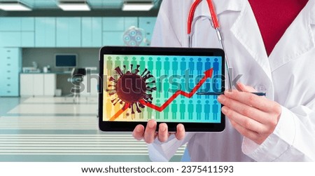 Virus outbreak infographic. Doctor shows tablet with morbidity graph. Cropped virologist reports on pandemic. Viral epidemic outbreak. Virus molecule on screen of electronic tablet. Virus pandemic Royalty-Free Stock Photo #2375411593