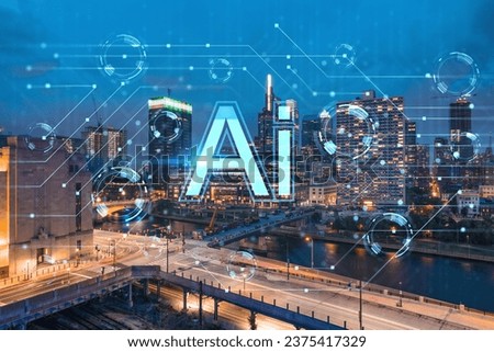 Aerial panoramic cityscape of Philadelphia financial downtown at night time, Pennsylvania, USA. Hologram of Artificial Intelligence concept. AI and business, machine learning, neural network, robotics