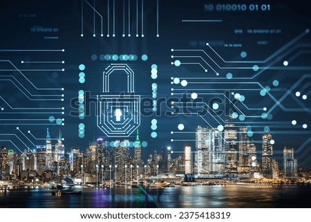 New York City skyline from New Jersey over the Hudson River with Hudson Yards at night. Manhattan, Midtown. The concept of cyber security to protect confidential information, padlock hologram