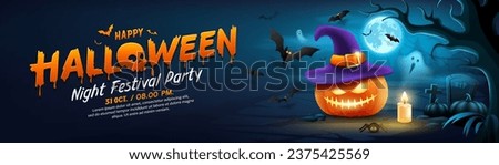 Happy Halloween text yellow and orange design, pumpkins purple hat, tree, bat flying, ghost, candle, spider, moonnight, banner design on dark blue background, Eps 10 vector illustration
