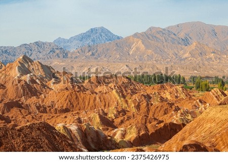 Rainbow moutains Zhangye Danxia National Geological Park, Zhangye - China. Sunset picture with copy space for text