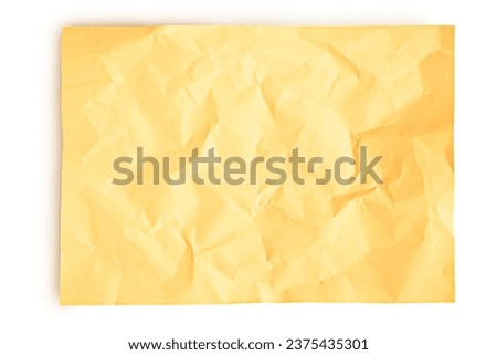 Yellow slightly crumpled sheet of paper isolated on white background with soft shadow. Blank paper. Royalty-Free Stock Photo #2375435301