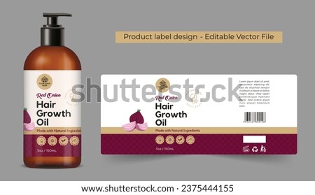 Onion hair oil label design, private label design for onion hair growth oil branding, packaging design for oil label, bottle label design, Made with natural ingredients, editable template vector file Royalty-Free Stock Photo #2375444155