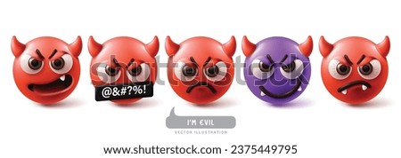 Emoji evil emoticon characters vector set. Emojis emoticons character with devil, bad, monster, scary and cute facial expression red and violet icon collection. Vector illustration emojis icon evil  Royalty-Free Stock Photo #2375449795
