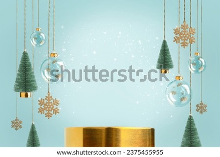 Christmas hanging decorations, transparent balls, fir trees, snowflakes and golden podium on blue background Concept for Christmas sales, promotions, product presentation