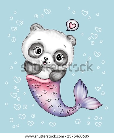 happy panda bear illustration with mermaid tail and bubbles