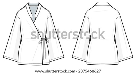 Women's Kimono Cardigan lat technical fashion illustration. Kimono vector template illustration. front and back view. regular fit. drop shoulder. Women's. white color. CAD mockup. Royalty-Free Stock Photo #2375468627