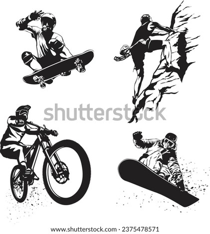 Extreme game, skate boarding, rock climbing, snow boarding, downhill mountain biking.