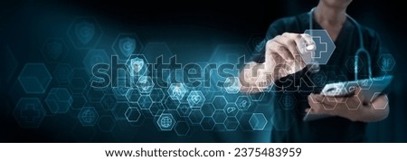 Medical technology, Doctor using digital tablet touching on global medical healthcare network connection, futuristic hospital background, online health technology, telemedicine, medical data analysis