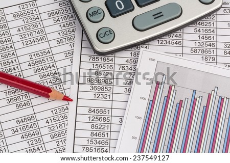 a calculator is on a balance sheet numbers are statistics. photo icon for sales, profits and costs.