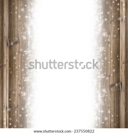 Grunge wooden texture with snow flakes and white space, vertical composition