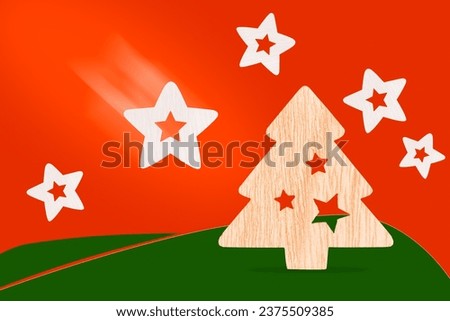 Christmas or new year decoration with wooden design elements with carved fir tree and falling stars on red background used as greeting card on winter holidays celebration and as festive decor
