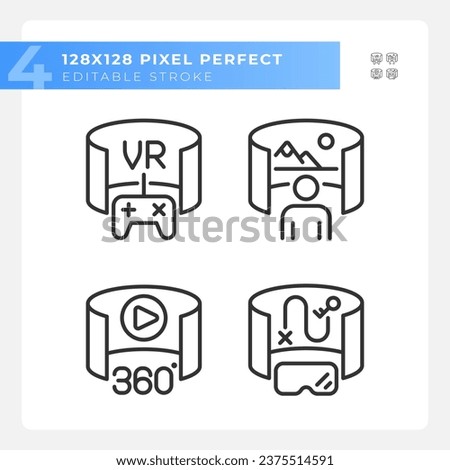 2D pixel perfect black icons set representing VR, AR and MR, editable thin linear illustration.