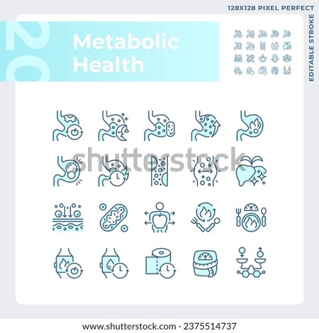 2D pixel perfect blue icons pack representing metabolic health, editable thin line illustration.