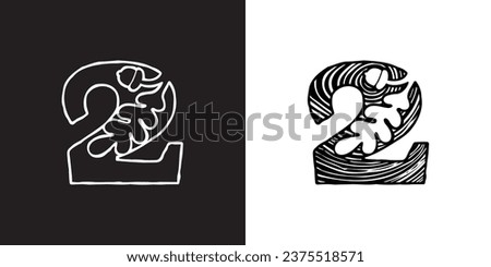 2 logo. Number two with oak leaf and acorn. Tree cross-section. Natural wood texture, ring pattern. Trunk saw cut. Negative space emblem. Vector icon for eco identity, university coat of arms.