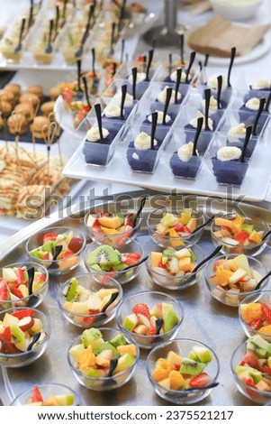 close-up of a buffet with appetizers - top view