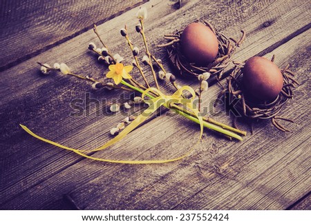 vintage photo of easter eggs on wood table