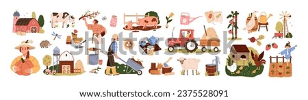 Cute rural set. Farm domestic animals, natural garden, agriculture works, farmers. Country buildings, house, village barn, field harvest. Flat graphic vector illustrations isolated on white background Royalty-Free Stock Photo #2375528091