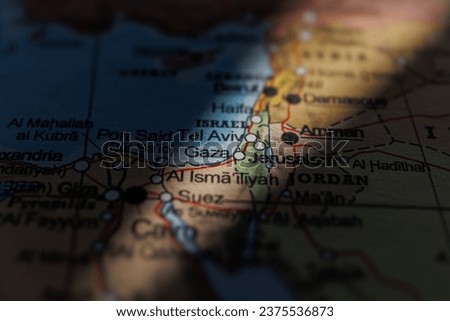 Gaza on map. Israel an Palestine on geopolitical Map. Gaza strip and West Bank. War conflict. Royalty-Free Stock Photo #2375536873