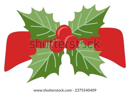 Christmas holly berry vector icon, cartoon mistletoe and leaf, ilex branch, xmas plant isolated on white background. Holiday flat cartoon illustration for decoration.	
