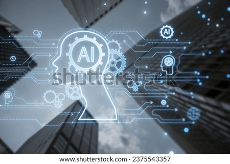 creative AI head outline hologram with circuit on blurry blue background. 3D Rendering