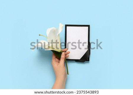 Female hand with white lily flower, black ribbon and photo frame on blue background