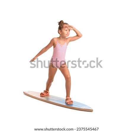 Little girl with surfboard on white background