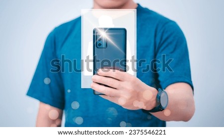 Man using a smartphone to take selfies, the concept of global data connectivity, digital media use, technology, social media Surfing online, big data, searching for information, online marketing