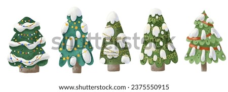 set with Christmas decorative trees with lights and garlands. Cute cartoon simple illustration. Isolated clip art