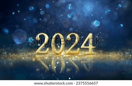 2024 New Year Celebration - Golden Number With Glitter At Blue Eve Night In Abstract Defocused Lights Royalty-Free Stock Photo #2375556657