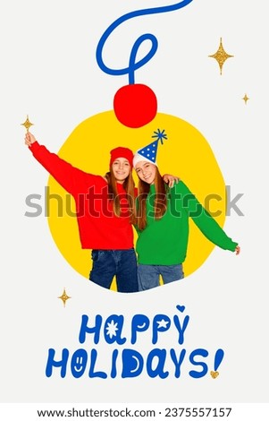 Poster. Contemporary art collage. Modern creative art work. Happy Holidays. Women, girls inside painted silhouette of Christmas toy, decoration. Concept of winter activities, New Year, December. Ad
