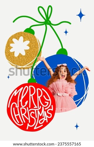 Poster. Contemporary art collage. Modern creative art work. Marry Christmas. Cheerful sweaty little girl in pink dress raised hands of happy, fun inside Christmas toy. Concept of winter, New Year. Ad