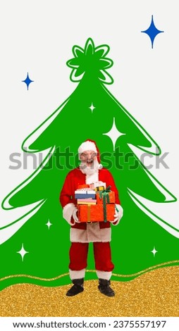 Poster. Ho-ho-ho. Contemporary art collage. Modern art work. Smiling man, Santa Claus holding a lot of presents for children over creative painted background. Concept of winter, Christmas, New Year.