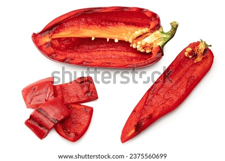 pieces of grilled red sweet bell pepper isolated on white background. clipping path Royalty-Free Stock Photo #2375560699