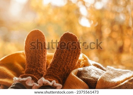 Autumn Background. Autumn Socks. Knitted Wool Socks on Woman Feet at Home in Autumn Window Background. Cozy Relax, Carefree, Comfort Lifestyle. Royalty-Free Stock Photo #2375561473