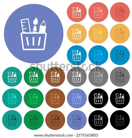 Drawing tools outline multi colored flat icons on round backgrounds. Included white, light and dark icon variations for hover and active status effects, and bonus shades. Royalty-Free Stock Photo #2375565803
