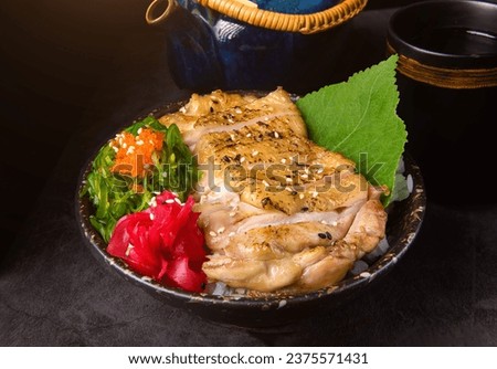 Japanese style Grilled chicken with sauce, rice and cabbage with dark background.