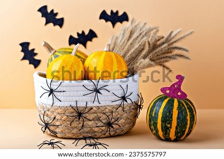 Halloween. Black spiders and scary bats around wicker basket with beautiful ripe pumpkins and dry grass. Green striped pumpkin with red hat is standing next to it. Close up. Locally grown