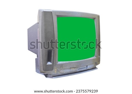 Old 21 inch tube crt tv with chorma green screen center left side display view angle perspective