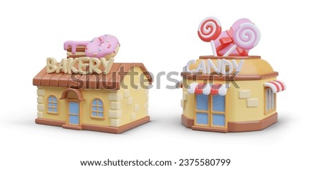 3D bakery and sweet shop. Concept of confectionery. Set of vector buildings in cartoon style. Isolated image on white background. Cakes and candies. Online sale of desserts Royalty-Free Stock Photo #2375580799