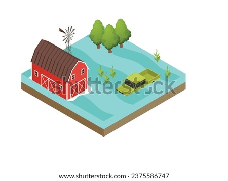 Farm with barn and crops drowning in water isometric 3d vector illustration concept for banner, website, illustration, landing page, flyer, etc