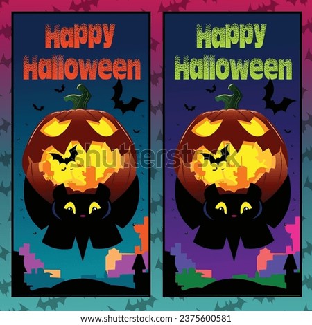 Vector illustration of spooky pumkin face with open mouth containing buildings, and smiling bat on a city background, editable label poster template