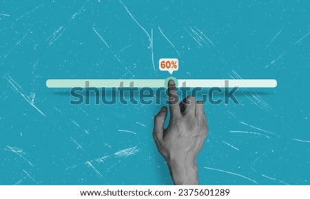 A person's hand presses the slider button. The finger is on the slider, and the loading is at sixty percent. Modern design. Contemporary and conceptual art collage. Space for copy. Royalty-Free Stock Photo #2375601289